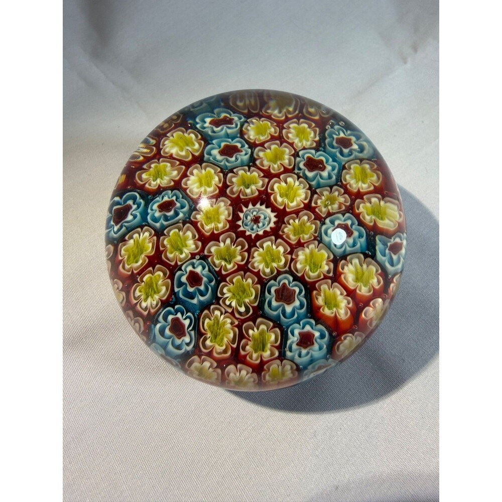 Vintage Millefiori Art Glass Paperweight 3" Multicolor Floral Design